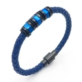 Men's blue braided leather bracelet with black magnetic clasp and metal beads - Style B Black (KB170751-SJ)