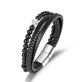 Multilayer black bead and braided PU leather bracelet with silver cross and magnetic clasp - Shiny Black Beads