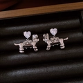Silver dachshund puppy earrings with heart gemstone and pearl detail on a jewelry box - 48# Silver Needle - Silver - Puppy