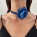 Blue denim choker necklace featuring a vintage 3D flower rose detail for women - Dark Blue