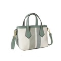 Striped woven canvas mini bag in green and cream with matching PU leather handle - White