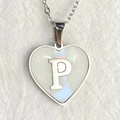 Silver heart necklace featuring a white shell inlay and a capital letter P pendant - Letter P / Silver