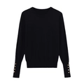 Pull femme noir classique à col rond avec boutons dorés élégants sur les poignets longs - S / Noir