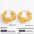 Golden twisted stainless steel hoop earrings with size and weight measurements - EH11671-Twist Braid Large Hoop