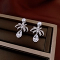Elegant silver drop earrings with white pearl studs and sparkling resin waterdrop pendants - Silver Pearl Wing Style