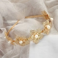 Elegant gold flower and white pearl headband for weddings featuring metal leaf details - 29#