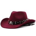 Burgundy wool wide brim cowboy hat with skull rivet leather band and windproof chin strap - M(56-58CM) Adjustable / Burgundy