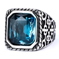 Vintage stainless steel ring with rectangle blue gemstone and carved celtic patterns - US 7 / Light Blue Gemstone