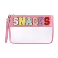 Neceser de PVC rosa con parches de letras SNACKS de chenilla y asa de mano - Rosa-SNACKS