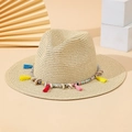 Cappello di paglia beige con nappe colorate boho e decorazioni di perle e conchiglie - M (56-58cm) / Beige