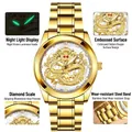 Men's luxury gold watch with dragon relief dial and luminous stainless steel band - Gold Steel Strap White Dial
