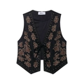 Gilet bohémien in camoscio nero con scollo a V, ricami floreali e dettagli di borchie dorate - XS / Nero