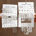 Fashion silver alloy earring set with studs, hoops, pearls and rhinestones on card - Silver Multi Style Combination Set (5698802HB)