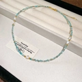 Blue agate and pearl beaded necklace with golden adjustable lobster clasp closure - 46# Necklace-Blue-Pearl Round (Real Gold Plated)