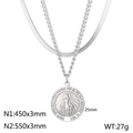 Collar de doble capa en acero plateado con colgante de medalla de la Virgen María - Plateado