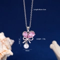 Collana cuore e farfalla argento con zircone rosa e perle su sfondo blu scuro - 40cm+5cm / Argento Strass Rosa (740)