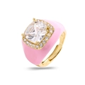 Pink enamel ring with square zircon center and small diamonds in a gold-plated finish - Adjustable Open / Pink Gold Plated Clear Stone