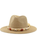 Natural straw sun hat with shell and amber bead trim on a clean white background - M (56-58cm) / Khaki