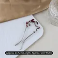 Silver U-shaped hairpin with red enamel butterfly and snake motifs, 11.5cm length - Silver U-shaped Butterfly Snake Hair Stick