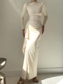 Detail shot of elegant cream bodycon dress featuring artistic side waist draping and pleats - S / Apricot