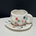 Hand-painted ceramic tulip coffee cup and saucer set with irregular handmade edges - White Multi-flower Cup & Saucer