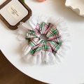 Pink and green plaid floral hair scrunchie with elegant white lace trim detail - Scrunchie / Green Mesh Lace