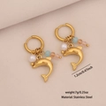 Golden dolphin dangle earrings with colorful beads and white pearls in stainless steel - Dolphin (2#海豚)