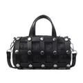 Black cylinder woven crossbody bag with leather grid and silver metal rivets - Black