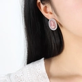 French vintage cameo earrings with pink portrait and white pearl border on model - Steel Color Earrings (F766)