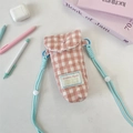 Pink quilted crossbody bag with blue braided strap and cute soft fabric texture - Quilted Heart Pink Grid