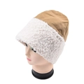 Close-up of contrast patchwork bucket hat featuring brown top and white faux shearling brim - Ginger Yellow
