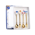 4-piece golden astronaut themed cutlery set with astronaut and rocket charms in a gift box - Space Blue 4PCS Set (Waving Astronaut/Yellow Astronaut/Planet/Rocket Spoon)