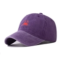 Close-up of red crab embroidery on purple washed cotton baseball cap with curved brim - Adjustable / Purple