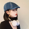 Side view of a vintage dark blue denim newsboy cap with retro vertical stitching details - Dark Blue Vertical Stripe