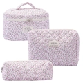 Three-piece floral quilted cotton cosmetic bag set in pink and purple floral pattern - Little Floral