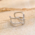 Detailed close-up of a silver-toned double V-shaped ring set with sparkling zircons - Double Layer V-Shape (WG-0395) / White Gold