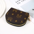 Porte-monnaie en cuir marron en forme de D avec fermeture éclair dorée pour femme - Café (Carreaux Géométriques)