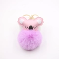 Detail of pink leather koala keychain with purple faux fur pompom and gold metal clip - Taro Purple