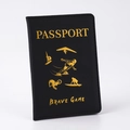 Black PU leather passport cover with gold stamped sports logo and brave game text - Black