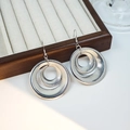 Silver double layer round earrings with radial texture and classic hook design - Double Circles / Silver