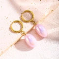 Polished gold earrings with iridescent pink resin oval charms on beige stone base - Girly Pink & Gold