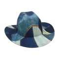 Retro denim patchwork fedora hat with blue geometric patterns for travel and sun protection - One Size / Royal Blue