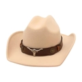 Ethnic beige western cowboy hat with brown leather band and metal bull head ornament - One Size / Beige (Brown Bull Head Decor)