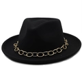 Detailed close-up of a black wool fedora featuring a decorative gold chain link band - M (56-58cm) / Black
