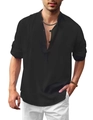 Men's black linen casual short sleeve Henley shirt with buttoned V-neck collar - S / Tops / Black