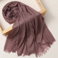 Elegant purple cotton linen headscarf with frayed edges displayed on a wooden tray - 180*100cm / Lotus Pink (TH39-9)