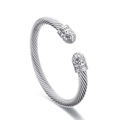Retro stainless steel twisted cable open bracelet with diamond pattern finials - Steel
