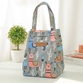 Gray lunch bag with alpaca and cactus prints, featuring insulated lining and top handles - Joyous