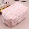 Pink and white checkered quilted cosmetic bag with soft texture and silver zipper - Pink Plaid