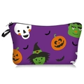 Macro detail of Halloween makeup bag with skull and pumpkin patterns and black handle - Purple Cartoon Halloween All-over Print (09136)